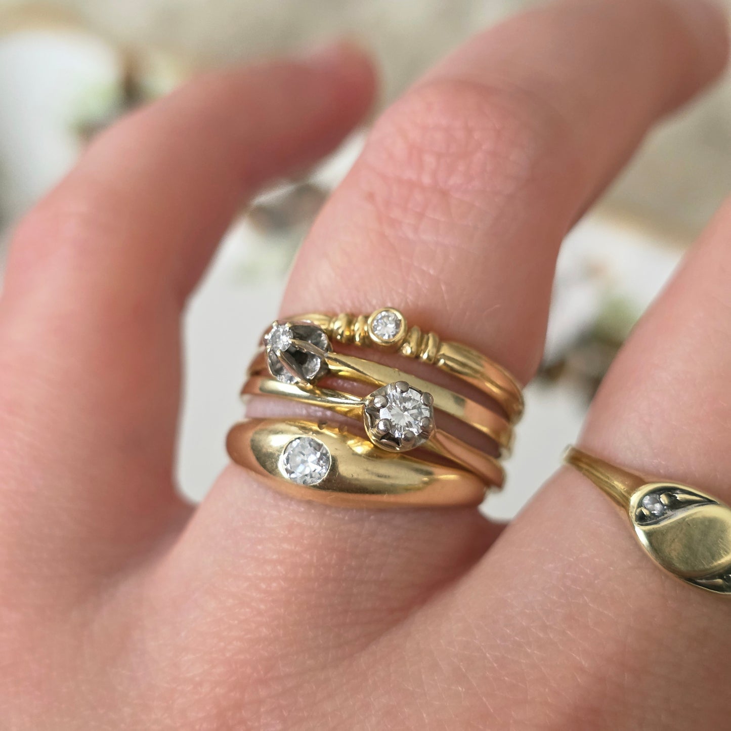 Vintage 14k gouden gypsy ring old european cut diamant 0.1ct
