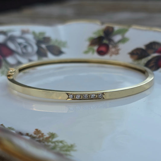 Vintage 14k gouden bangle armband met 5 diamanten