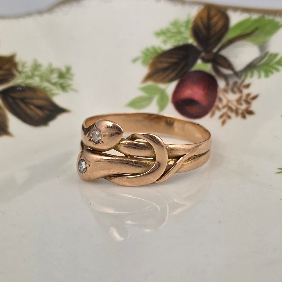 Antique 14k gold snake ring with rose-cut diamond and quartz