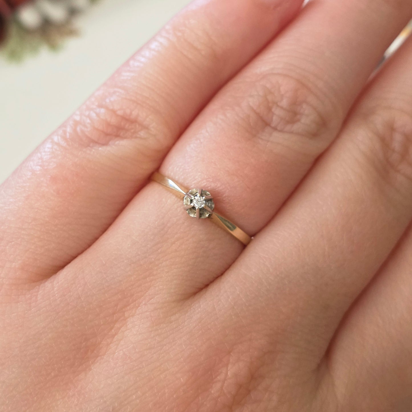 Vintage 14k gouden solitair verlovingsring diamant 0.02ct