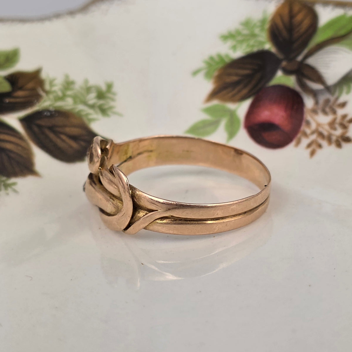 Antique 14k gold snake ring with rose-cut diamond and quartz