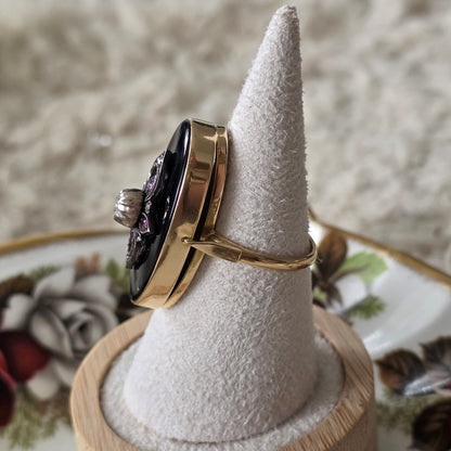 Antieke 14k gouden ring met onyx, robijnen en roosdiamant