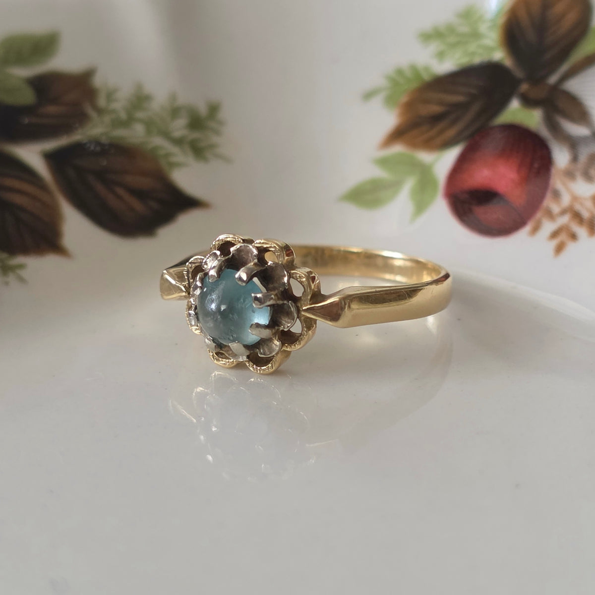 Vintage 14k gouden ring met aquamarijn bloem