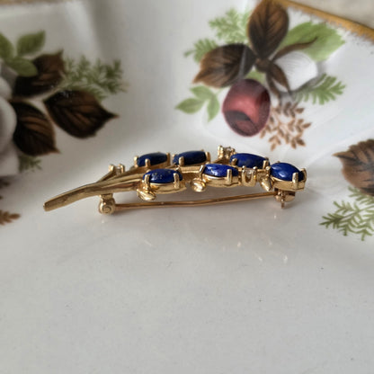 Vintage 14k gouden broche met diamant en lapis lazuli