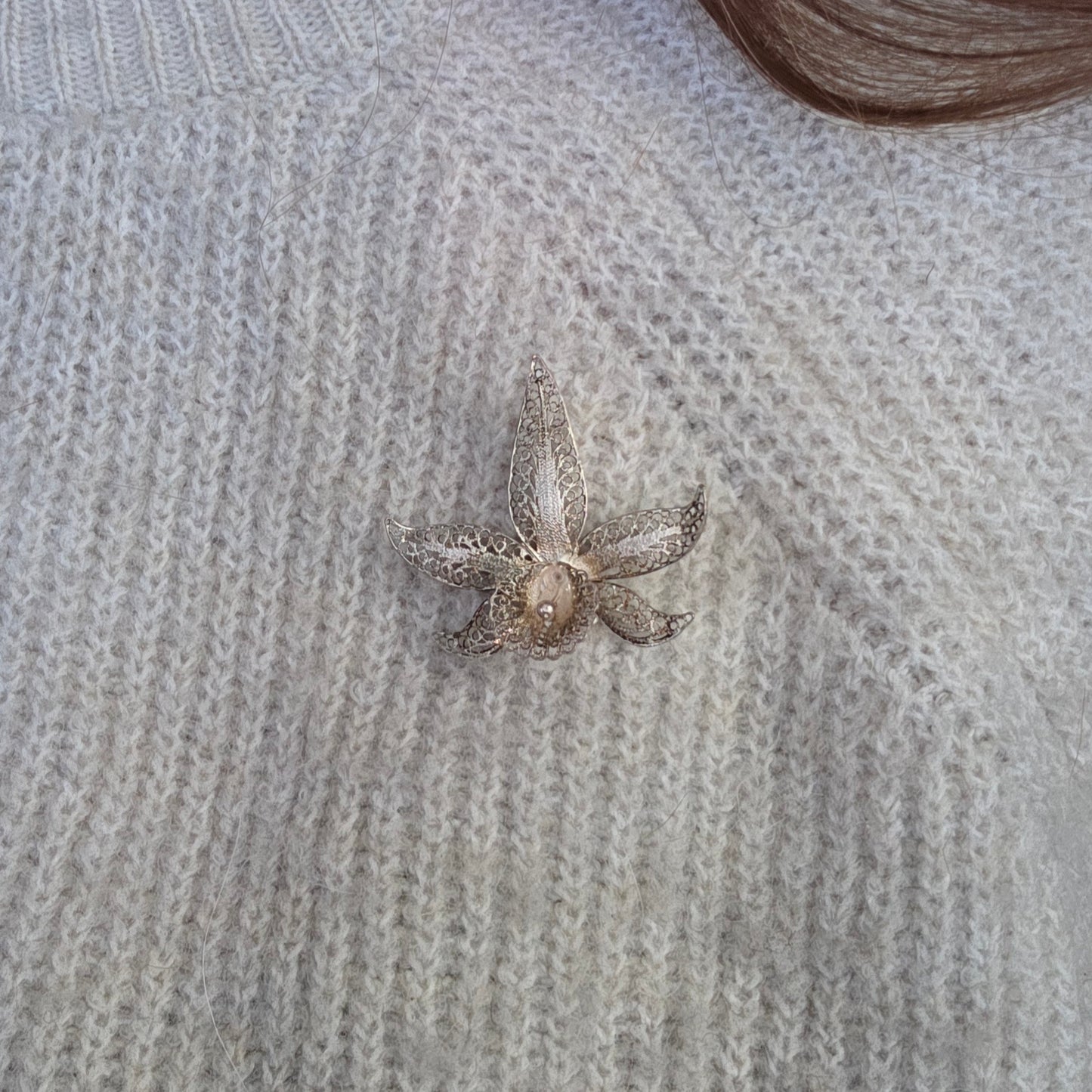Antique silver filigree orchid brooch