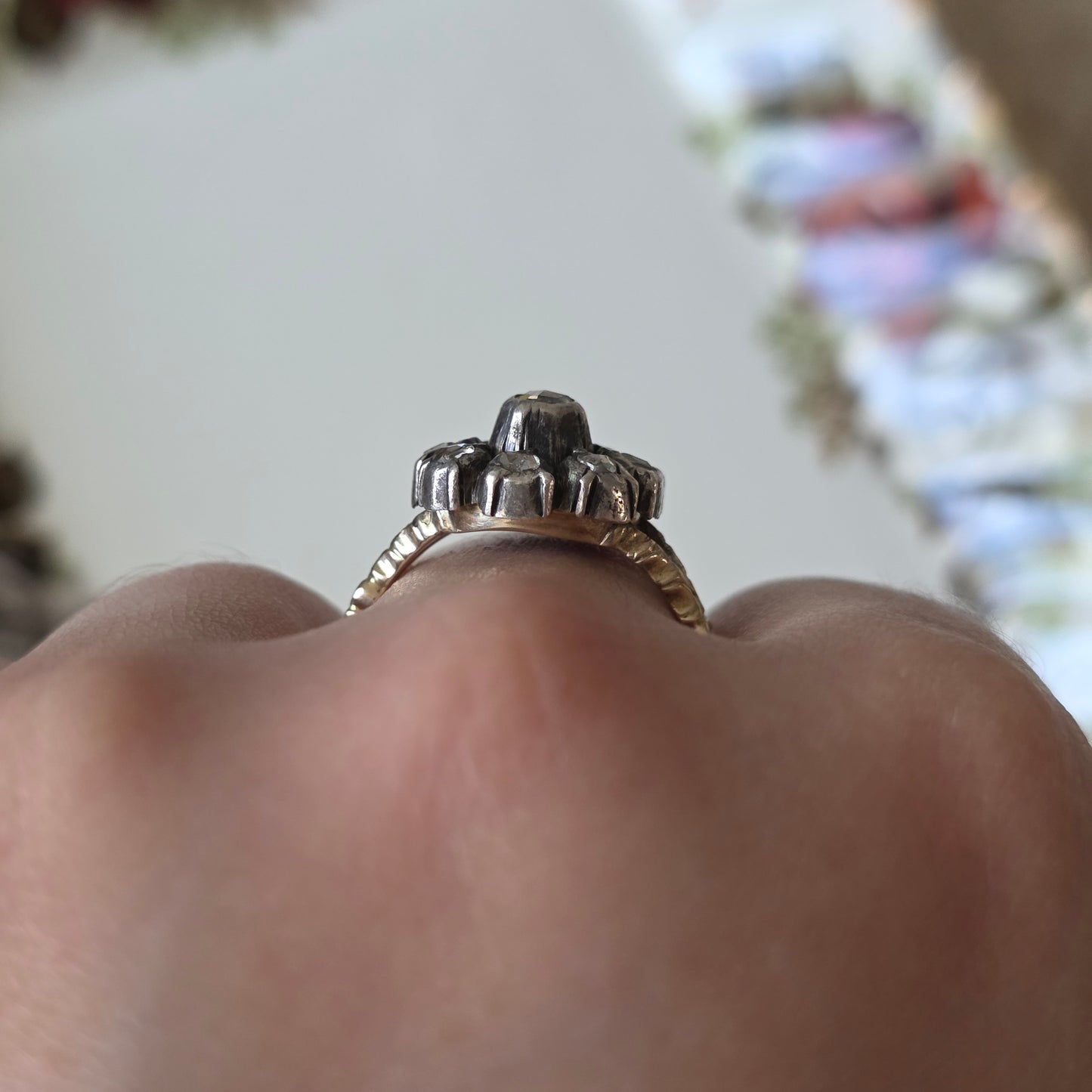 Antieke 14k gouden en zilver ring roosdiamant bloem