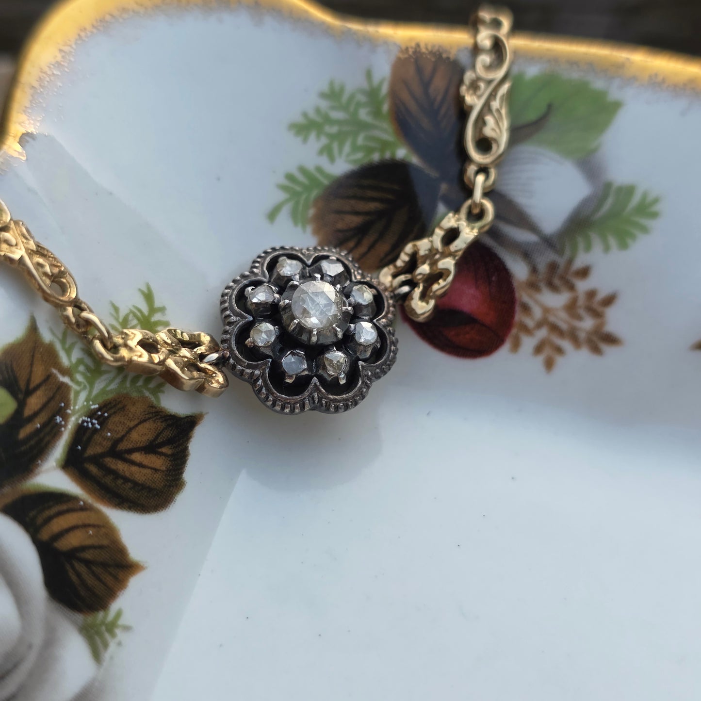 Antieke 14k gouden en zilver roosdiamant armband