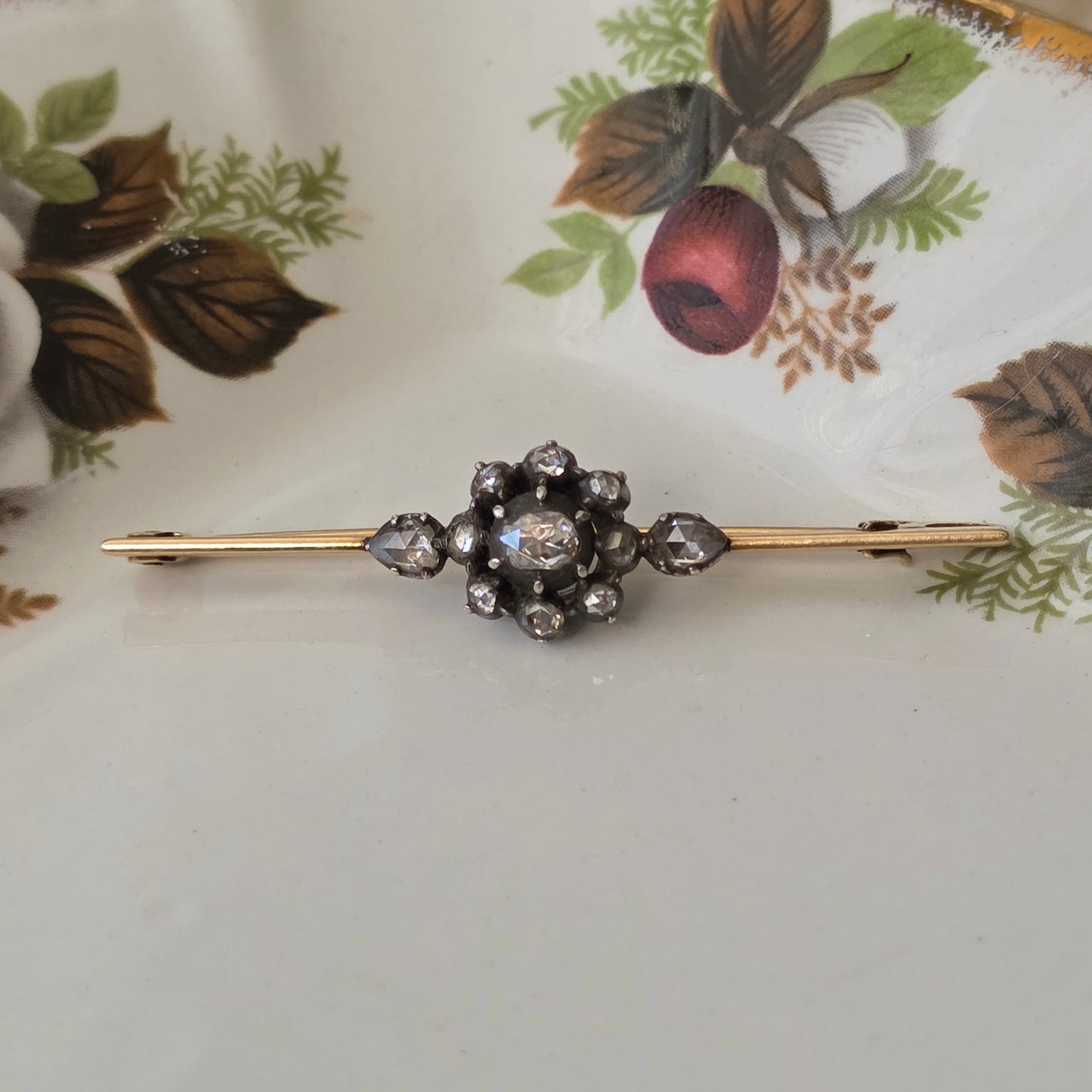 Antique 14k gold and silver rose-cut diamond brooch