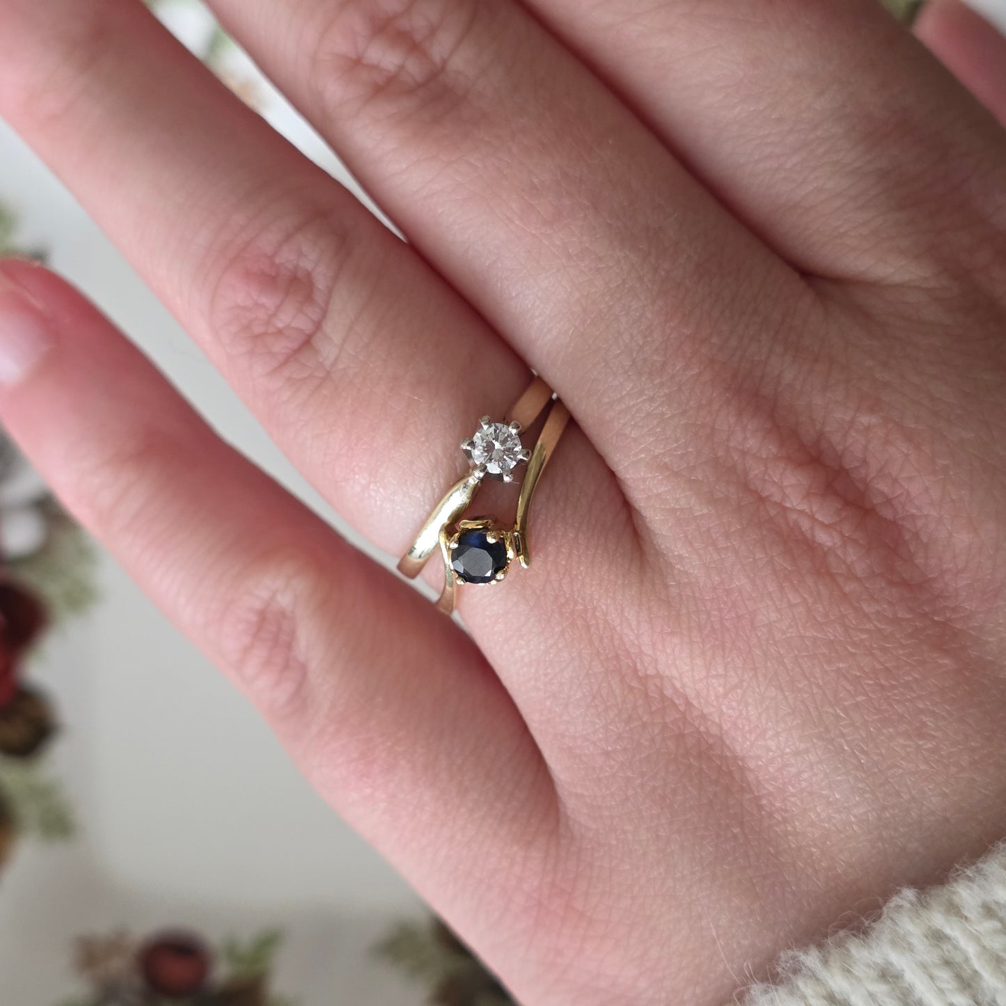 Vintage 14k gouden ring solitair saffier