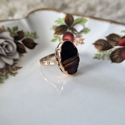 Vintage 14k rose gouden ring zwarte band agaat