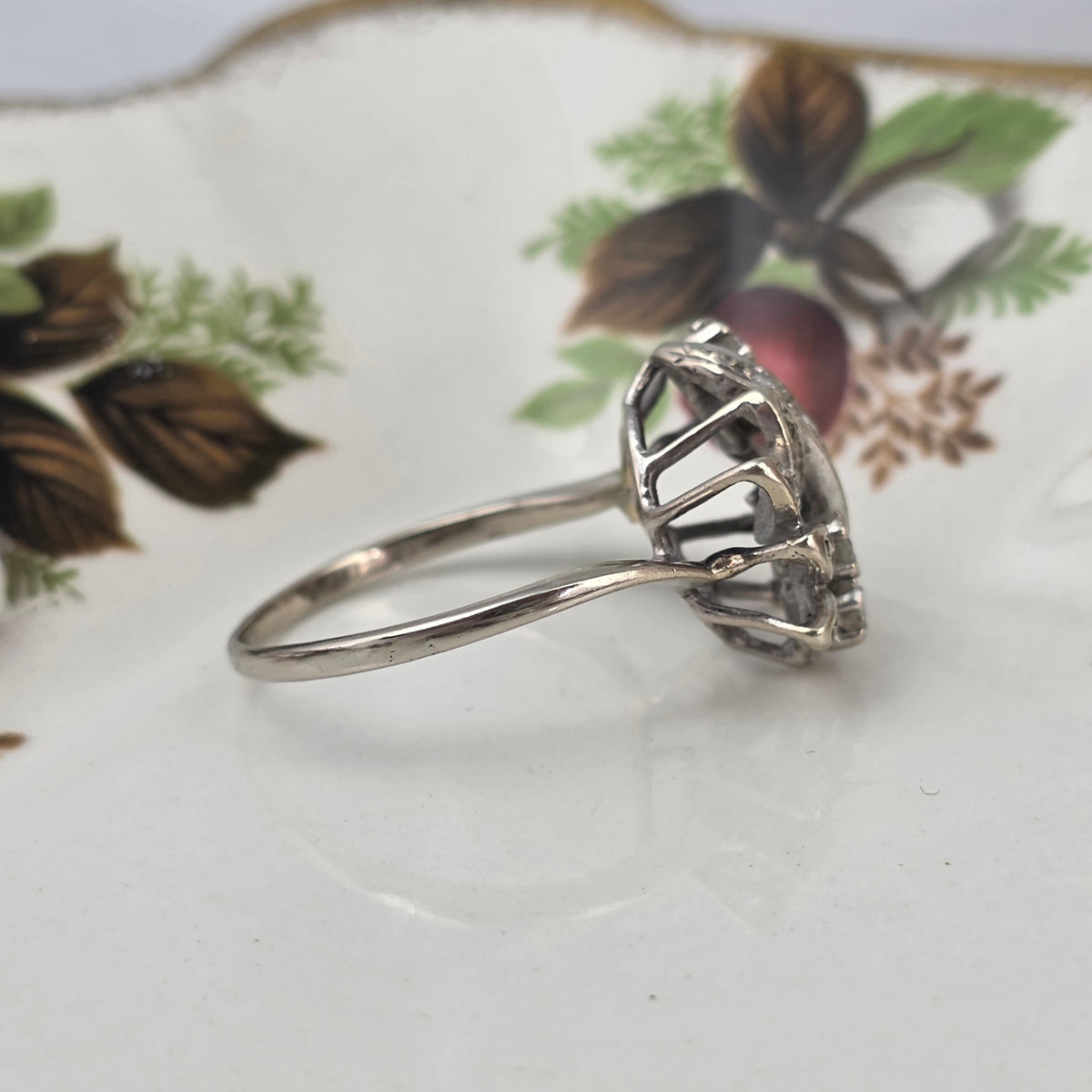 Antieke 14k witgouden ring diamanten bloemen