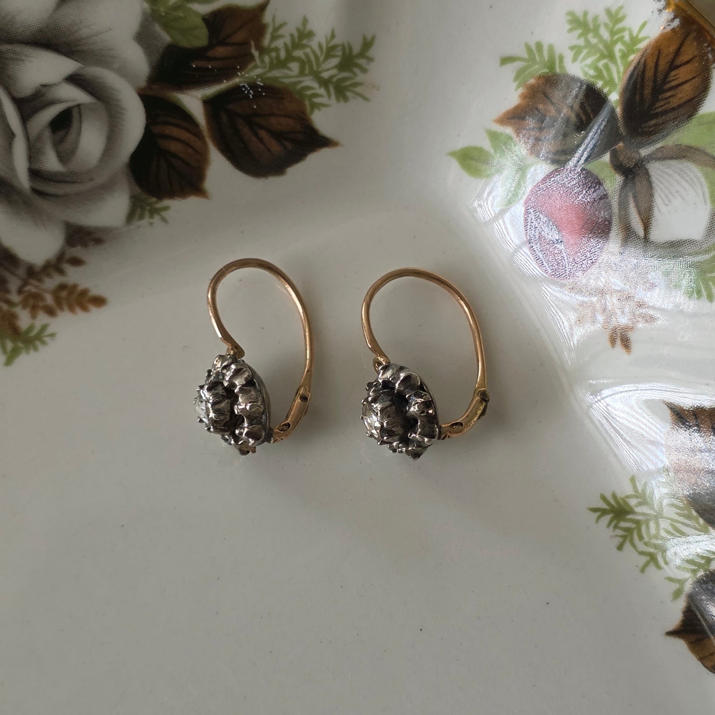 Antieke 14k gouden en zilver roosdiamant oorhangers