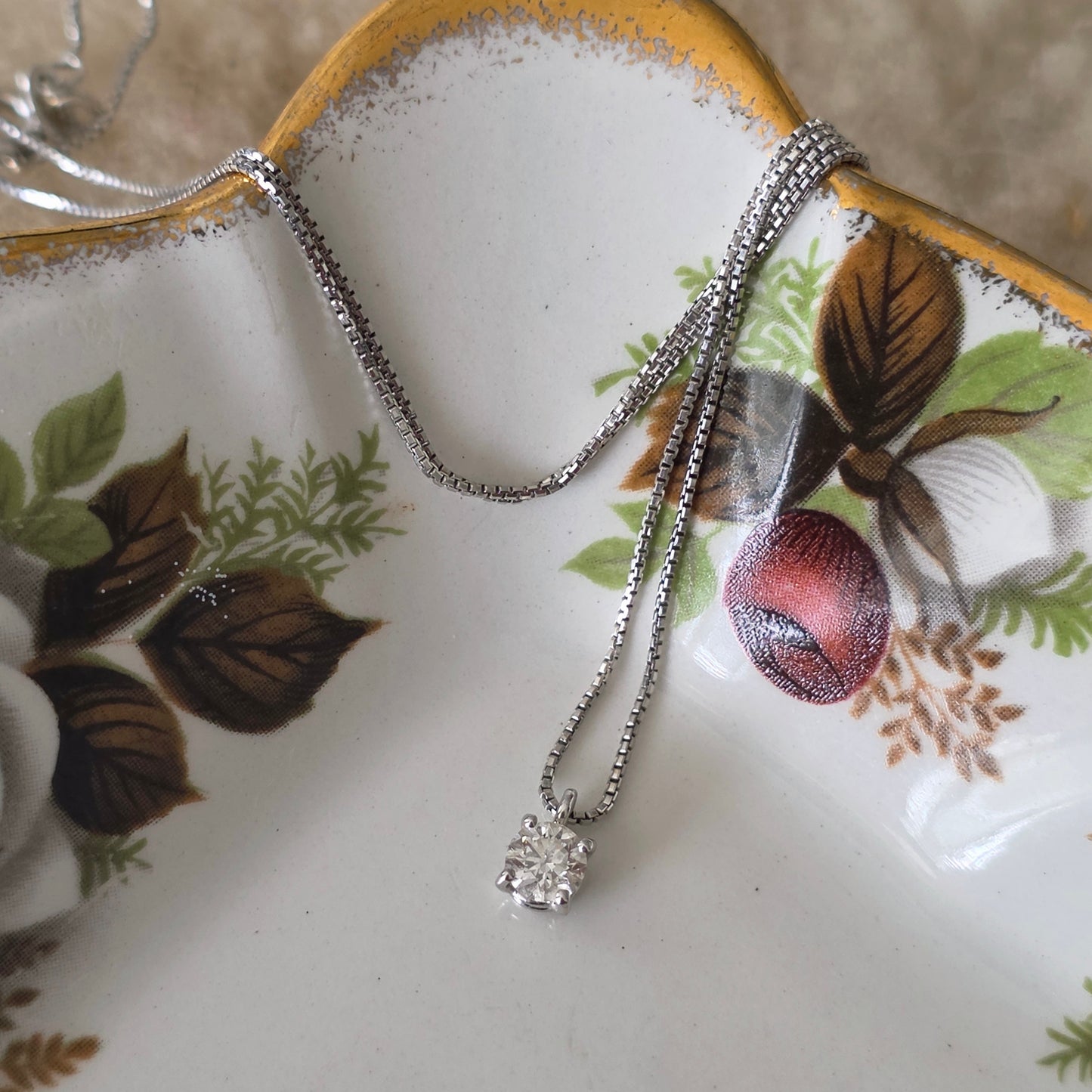 Vintage 18k witgouden ketting met diamant solitair 0.2ct