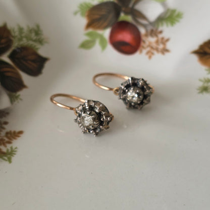 Antieke 14k gouden en zilver roosdiamant oorhangers
