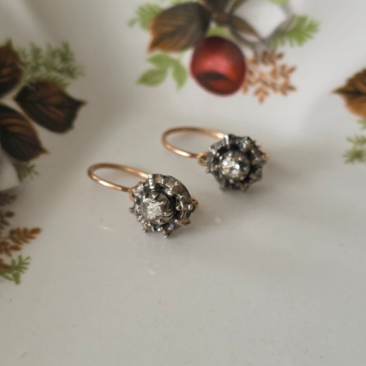Antieke 14k gouden en zilver roosdiamant oorhangers
