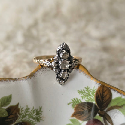 Antieke 14k gouden en zilver ring roosdiamant navette