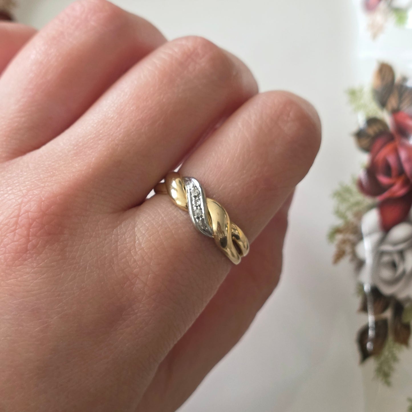 Vintage 14k gold ring diamond braid
