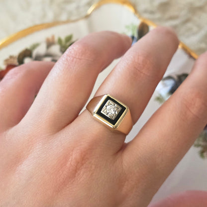 Vintage 14k gouden zegelring met onyx en diamant