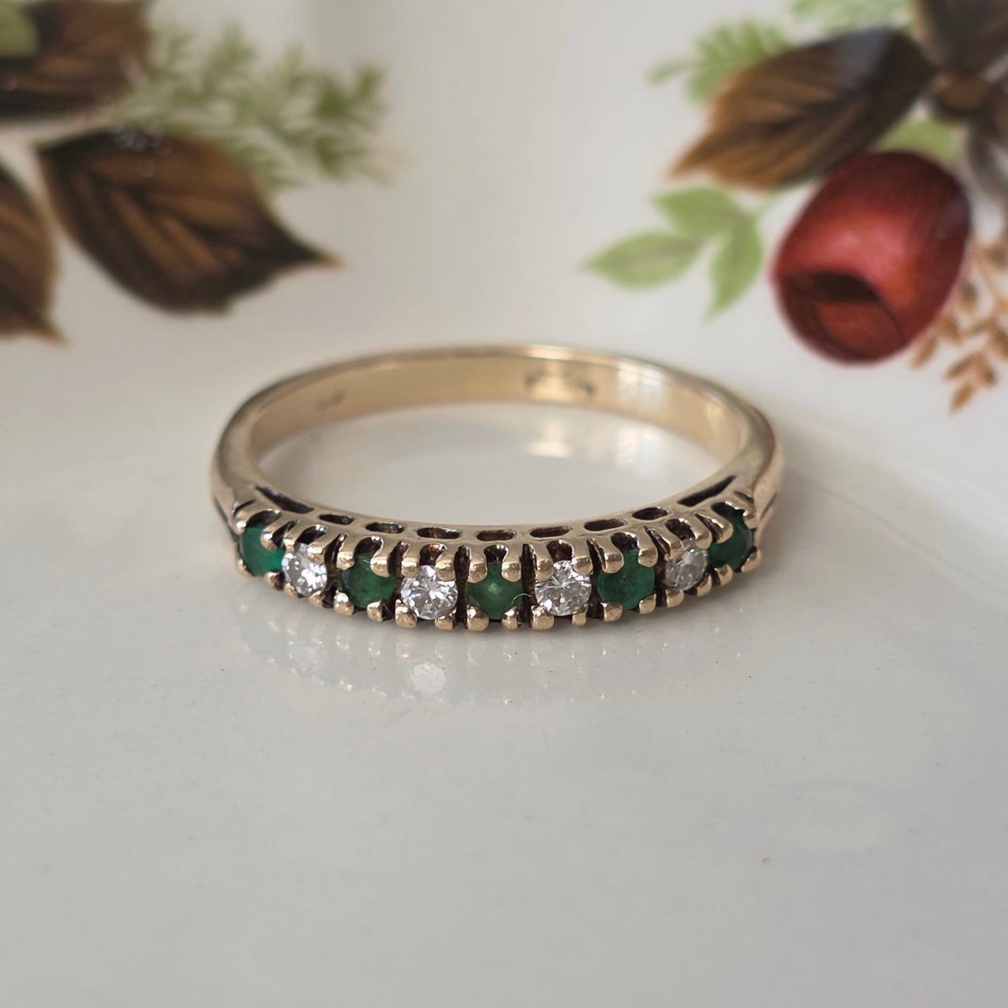 Vintage 14k gouden ring met smaragd en diamant
