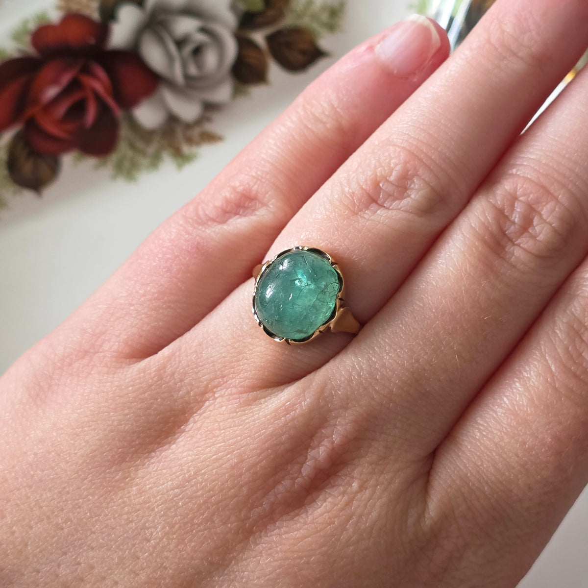 Vintage 14k gouden ring met groene beryl cabochon