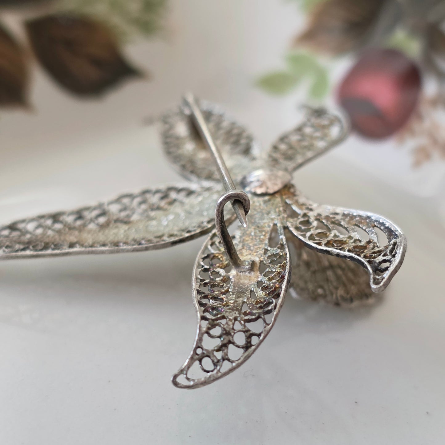 Antique silver filigree orchid brooch