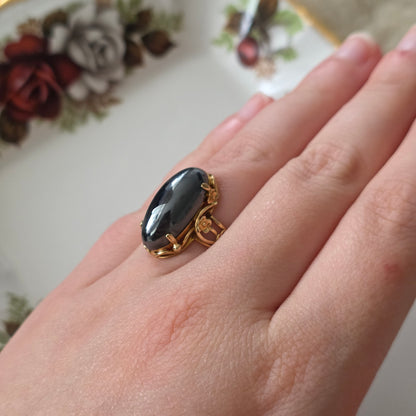 Vintage 14k gouden ring met hematiet en bloemen