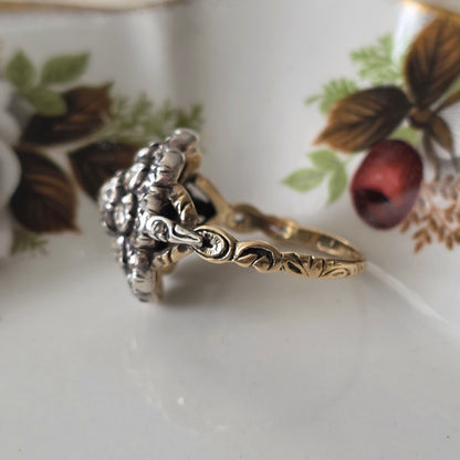 Antieke 14k gouden en zilver ring roosdiamant bloem
