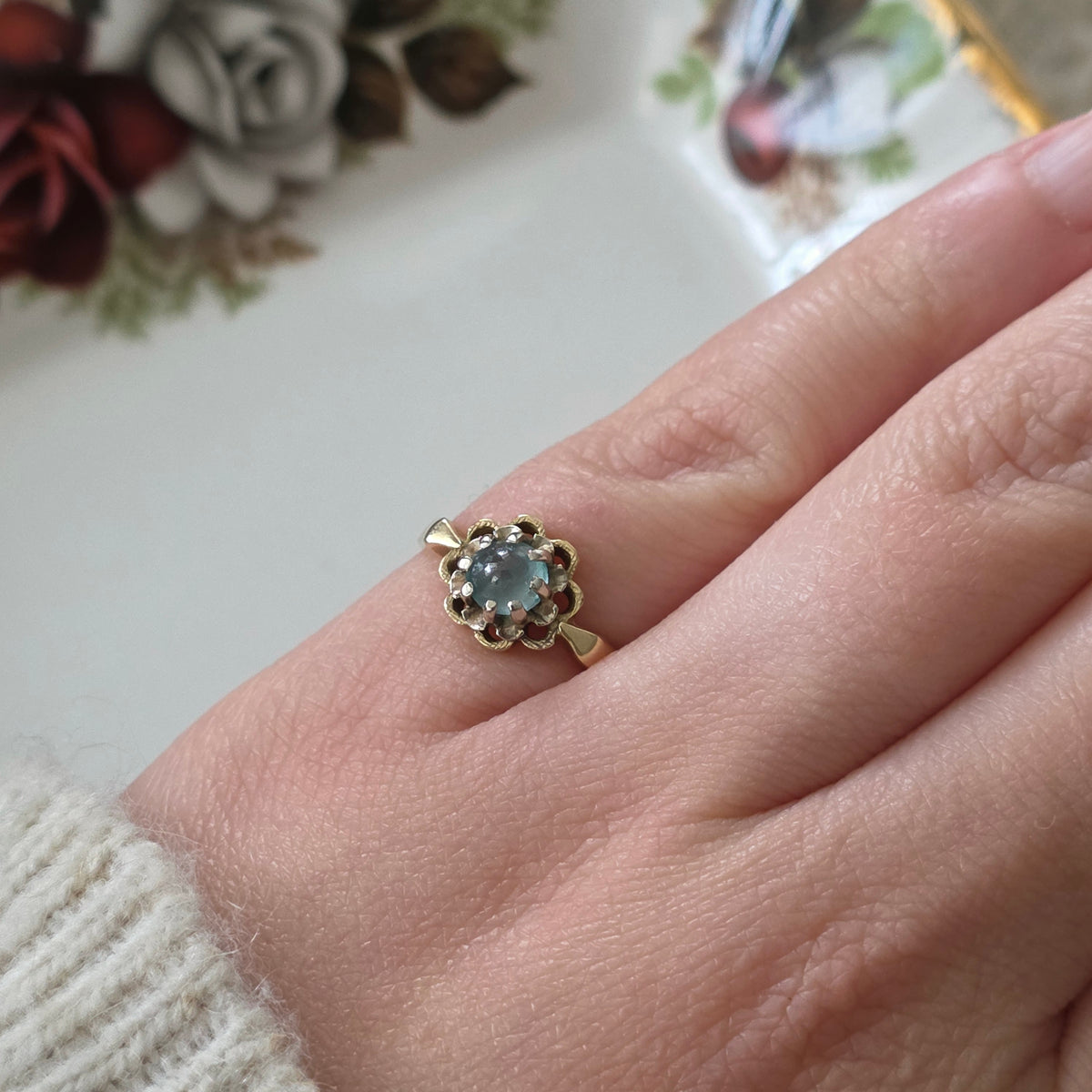 Vintage 14k gouden ring met aquamarijn bloem