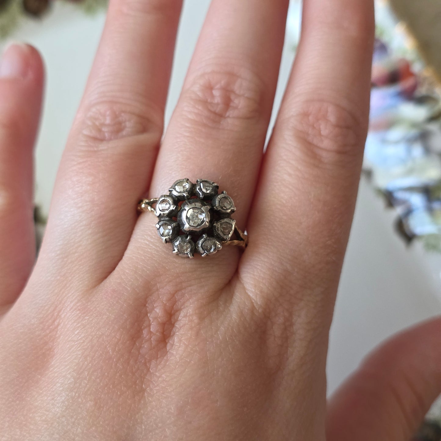 Antieke 14k gouden en zilver ring roosdiamant bloem