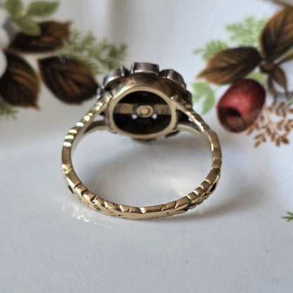 Antieke 14k gouden en zilver ring roosdiamant bloem