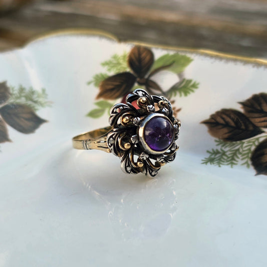 Antieke 14k gouden en zilver ring met amethist en diamantjes