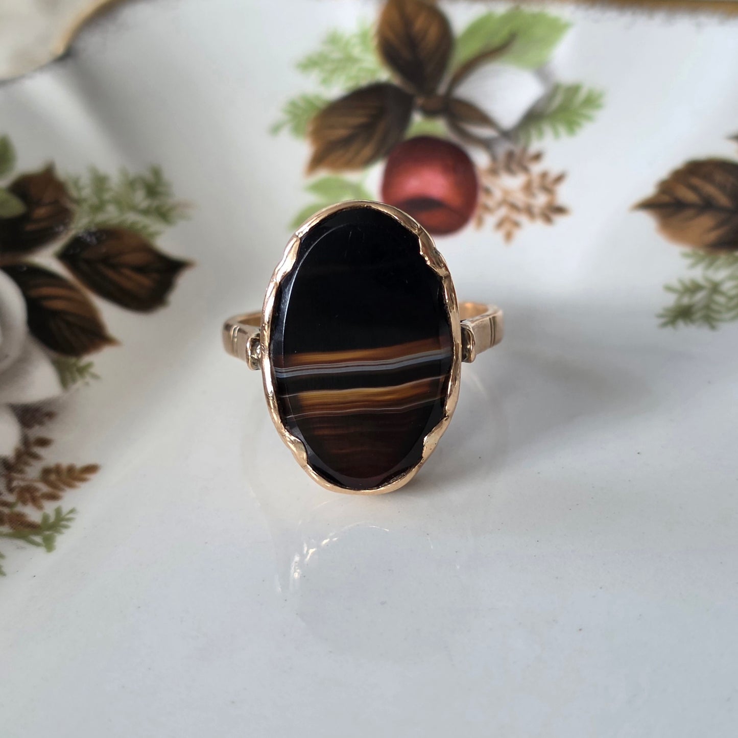 Vintage 14k rose gouden ring zwarte band agaat