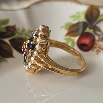 Vintage 14k ring saffier robijn diamant en zaadparels Franklin Mint