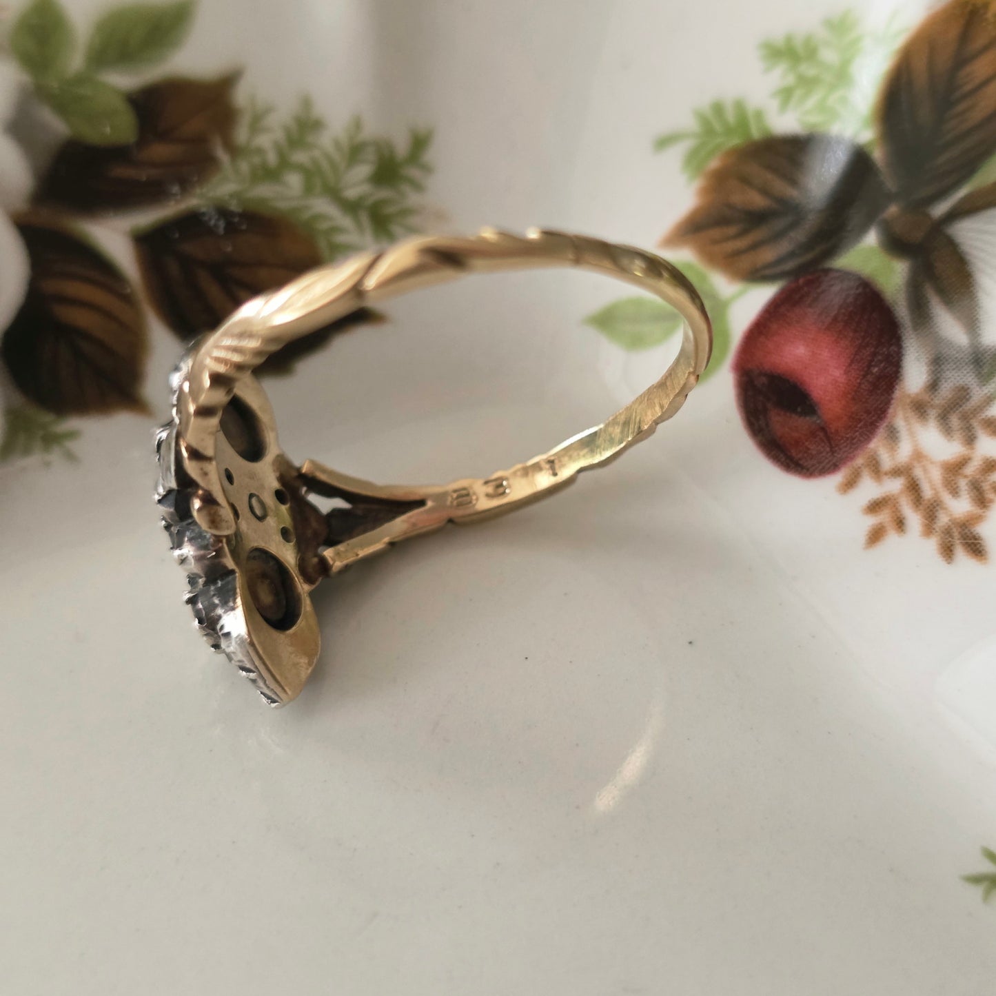 Antieke 14k gouden en zilver ring roosdiamant navette