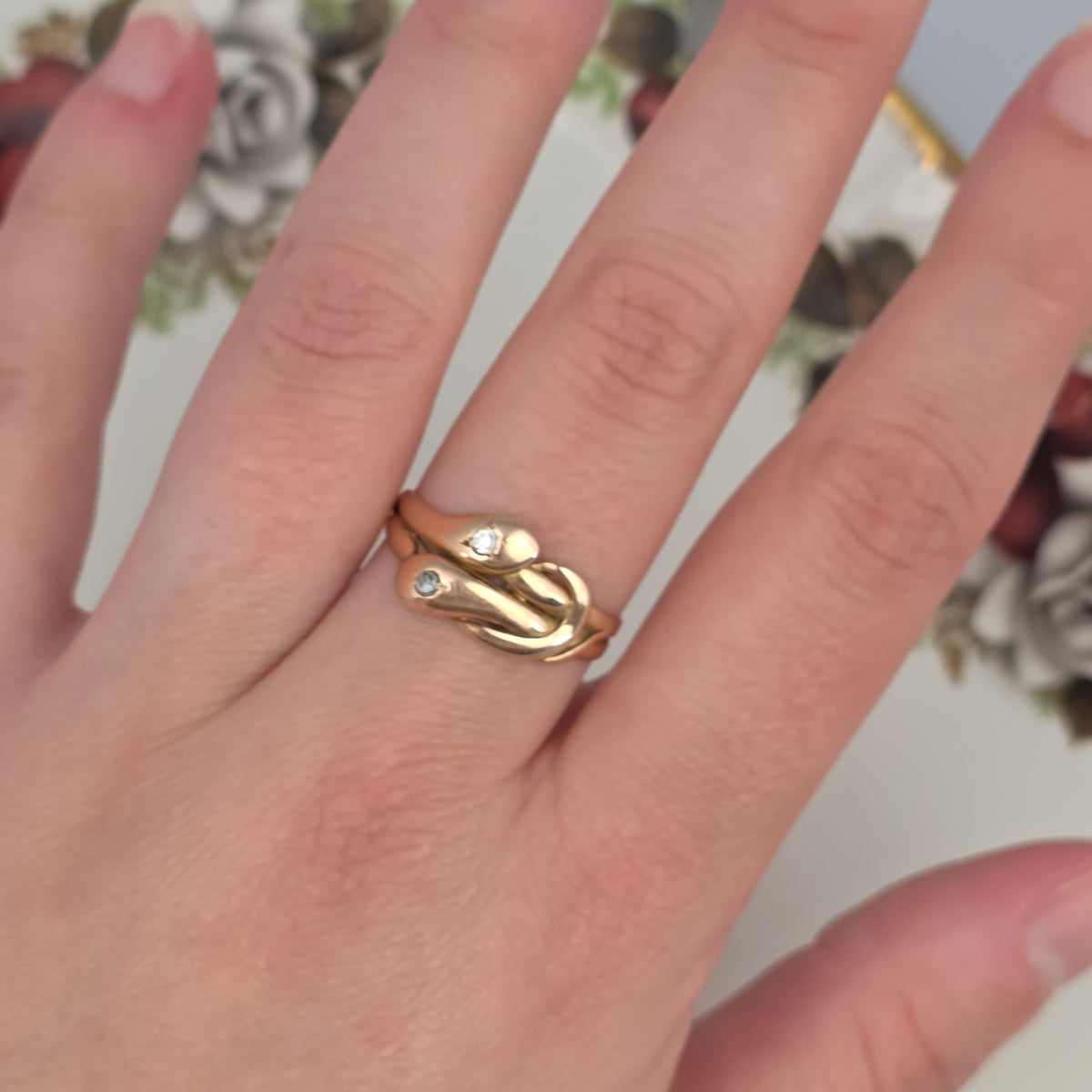 Antique 14k gold snake ring with rose-cut diamond and quartz