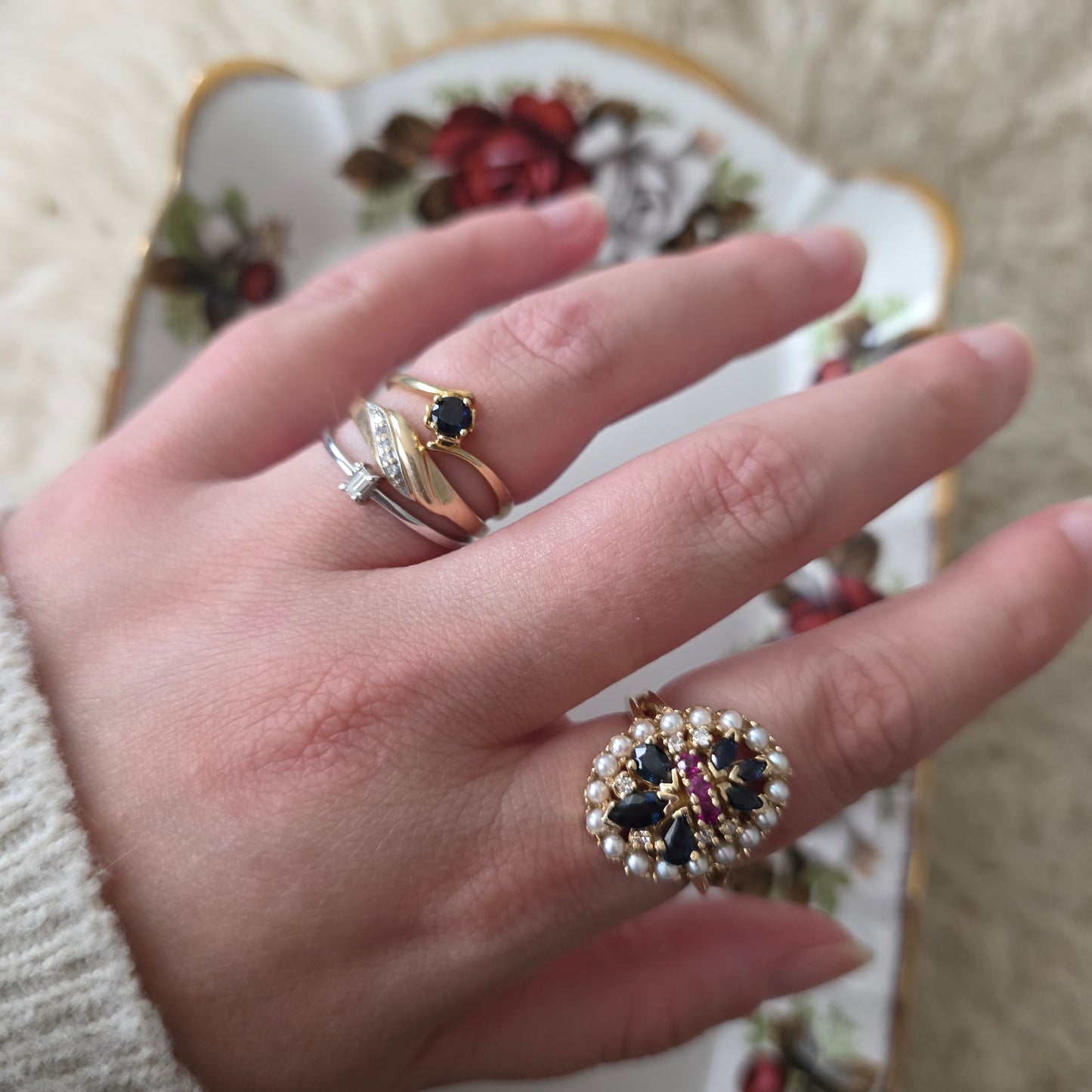 Vintage 14k gouden ring solitair saffier