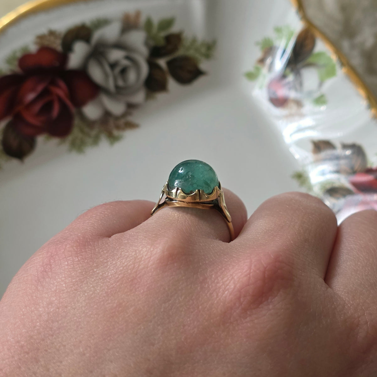 Vintage 14k gouden ring met groene beryl cabochon
