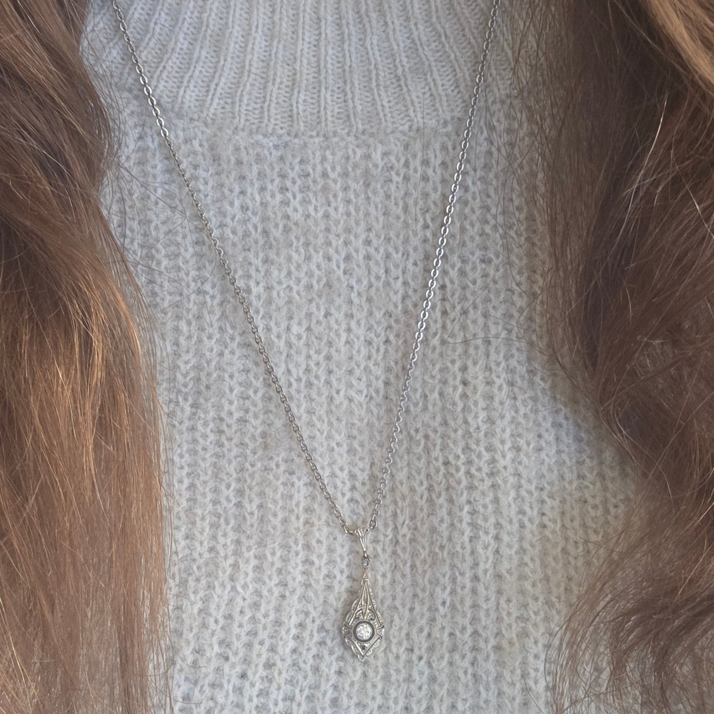 Antieke 14k wit gouden Art Deco diamant ketting