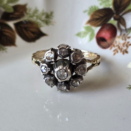 Antieke 14k gouden en zilver ring roosdiamant bloem