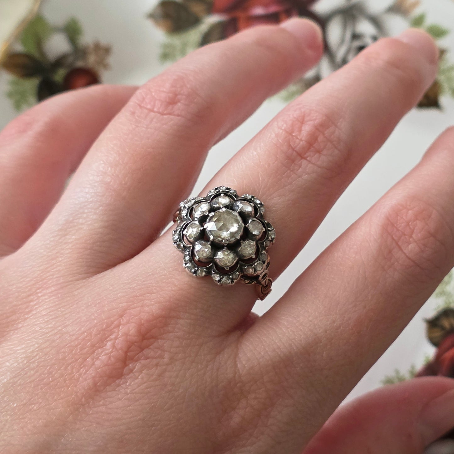 Antieke 14k gouden en zilver ring roosdiamant bloem