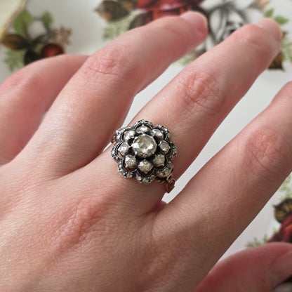Antieke 14k gouden en zilver ring roosdiamant bloem