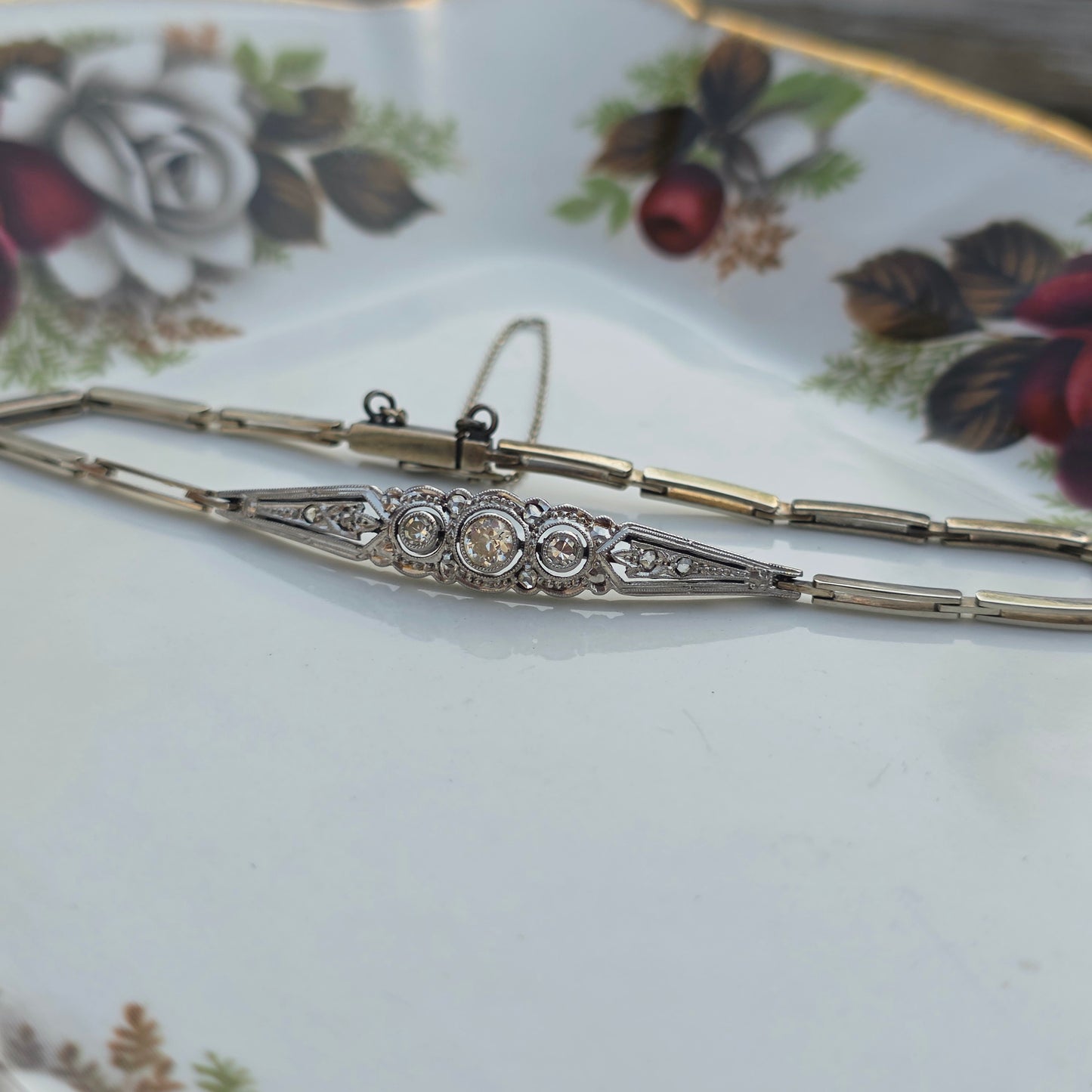 Antieke 14k wit gouden Art Deco diamanten armband