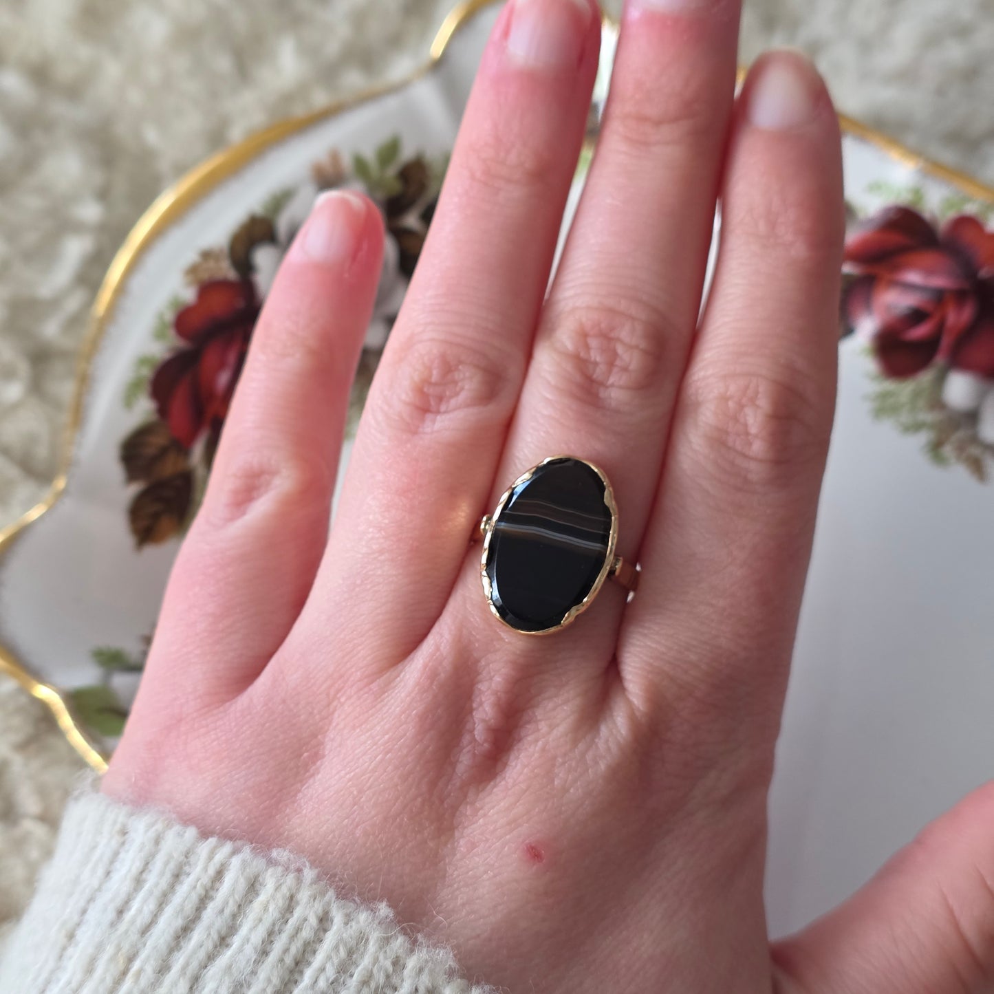 Vintage 14k rose gouden ring zwarte band agaat