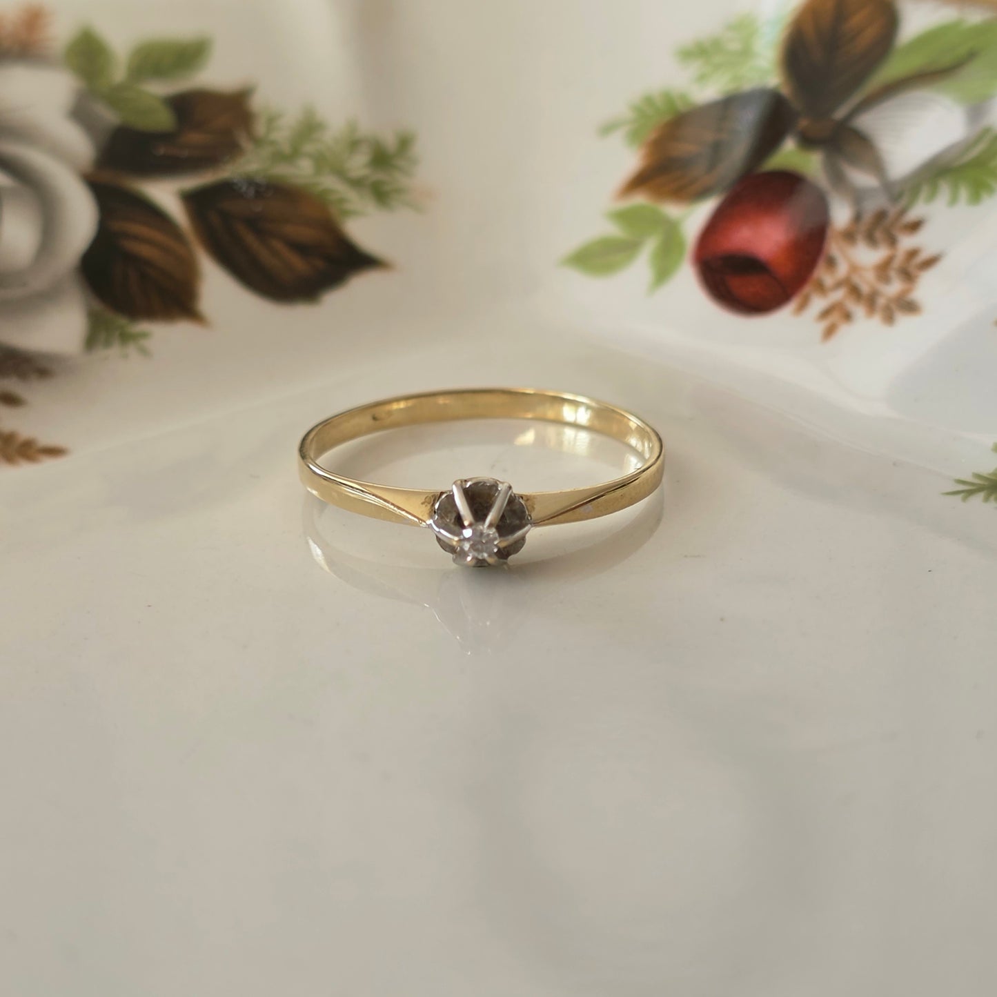 Vintage 14k gouden solitair verlovingsring diamant 0.02ct
