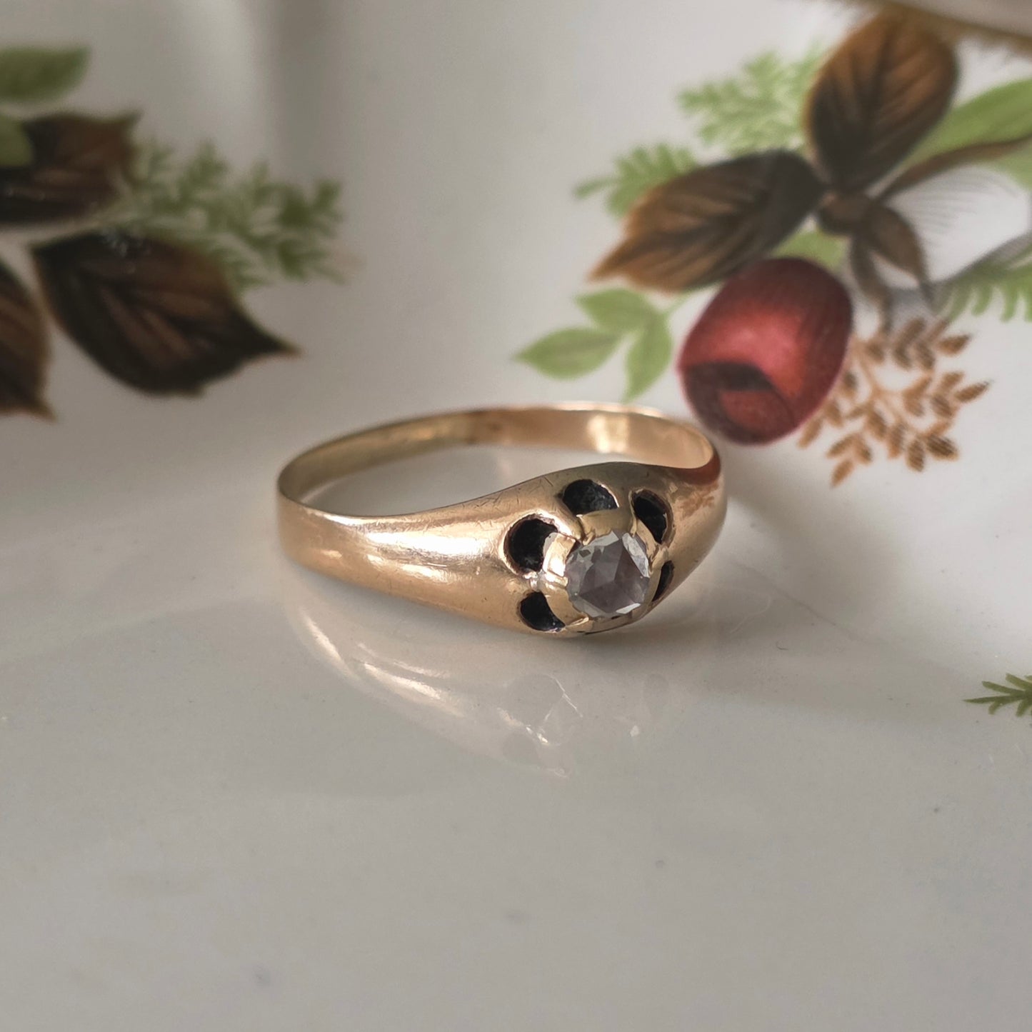 Antique 14k gold belcher ring with rose-cut diamond