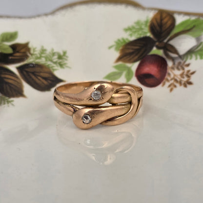 Antique 14k gold snake ring with rose-cut diamond and quartz