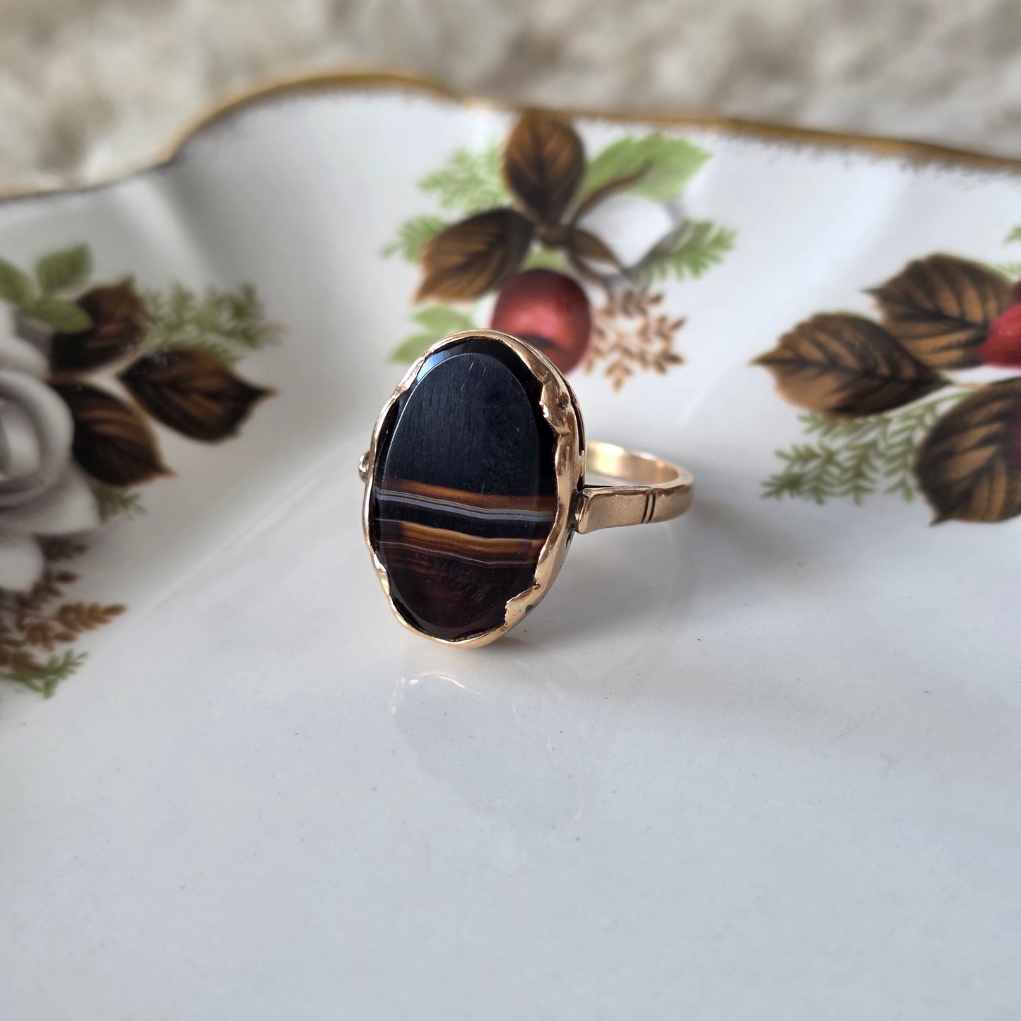 Vintage 14k rose gouden ring zwarte band agaat