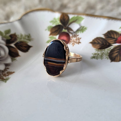 Vintage 14k rose gouden ring zwarte band agaat