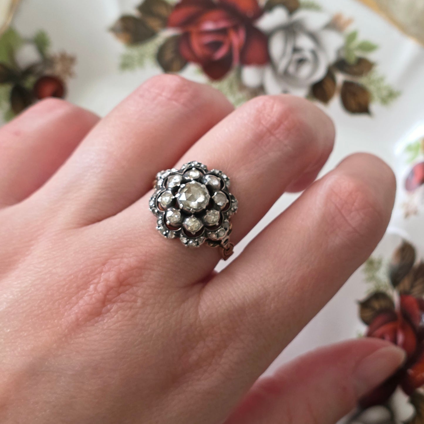Antieke 14k gouden en zilver ring roosdiamant bloem
