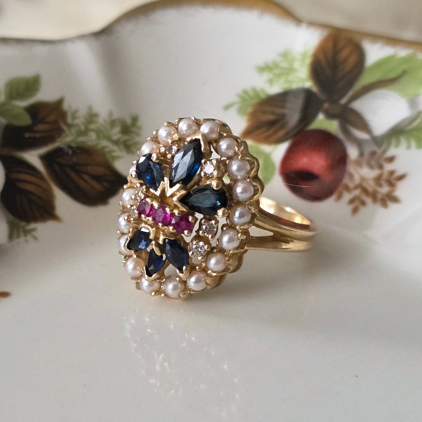 Vintage 14k ring saffier robijn diamant en zaadparels Franklin Mint
